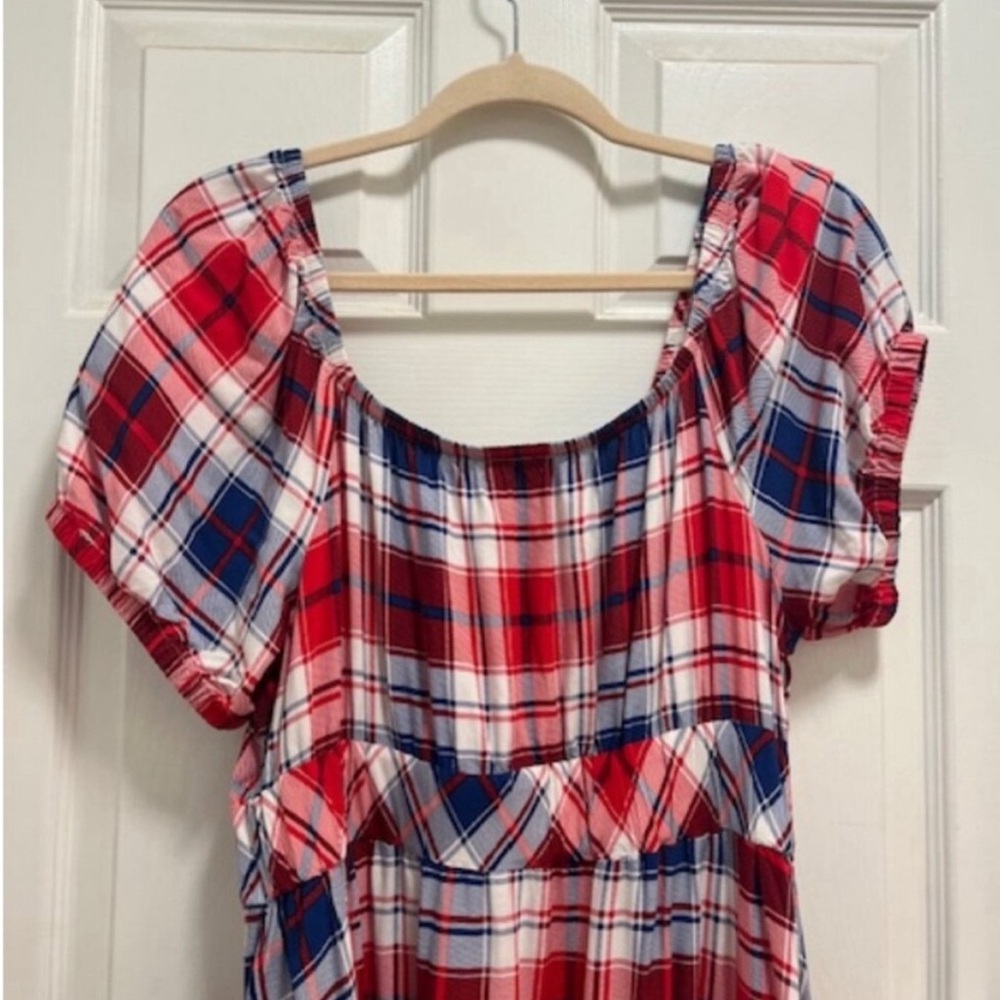 Torrid Puff Sleeve Tiered Midi Dress - Challis Plaid Red & Blue Sz14-16 (1X) EUC - Picture 9 of 14